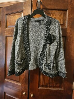 White House Black Market Gray Bouclé Open-Front Cardigan with Flower Accent